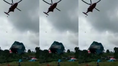 Viral Helikopter Bawa Bantuan Korban Bencana, Tenda Beterbangan