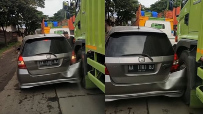 Viral Maksa Nyalip Lewat Kiri, Mobil Honda Jazz Nyangkut di  Truk