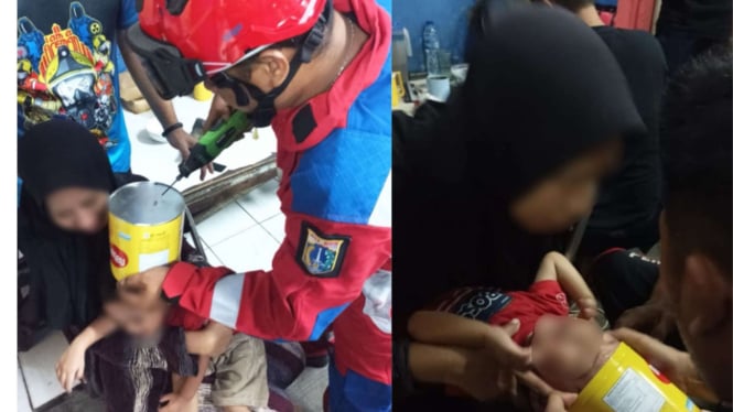 Viral Anak Kecil Tersangkut Kaleng Biskuit di Kebayoran