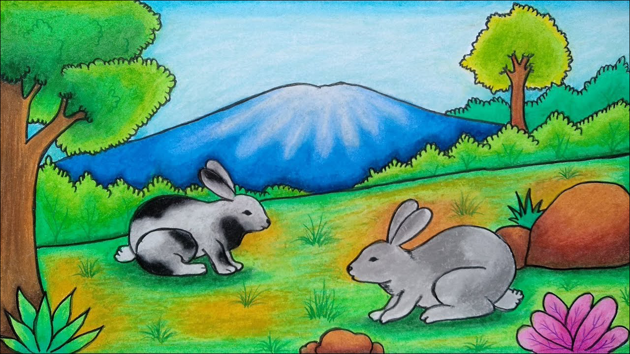 15 Dua ekor kelinci di tengah hutan yang hijau, dengan pemandangan pepohonan dan gunung yang indah