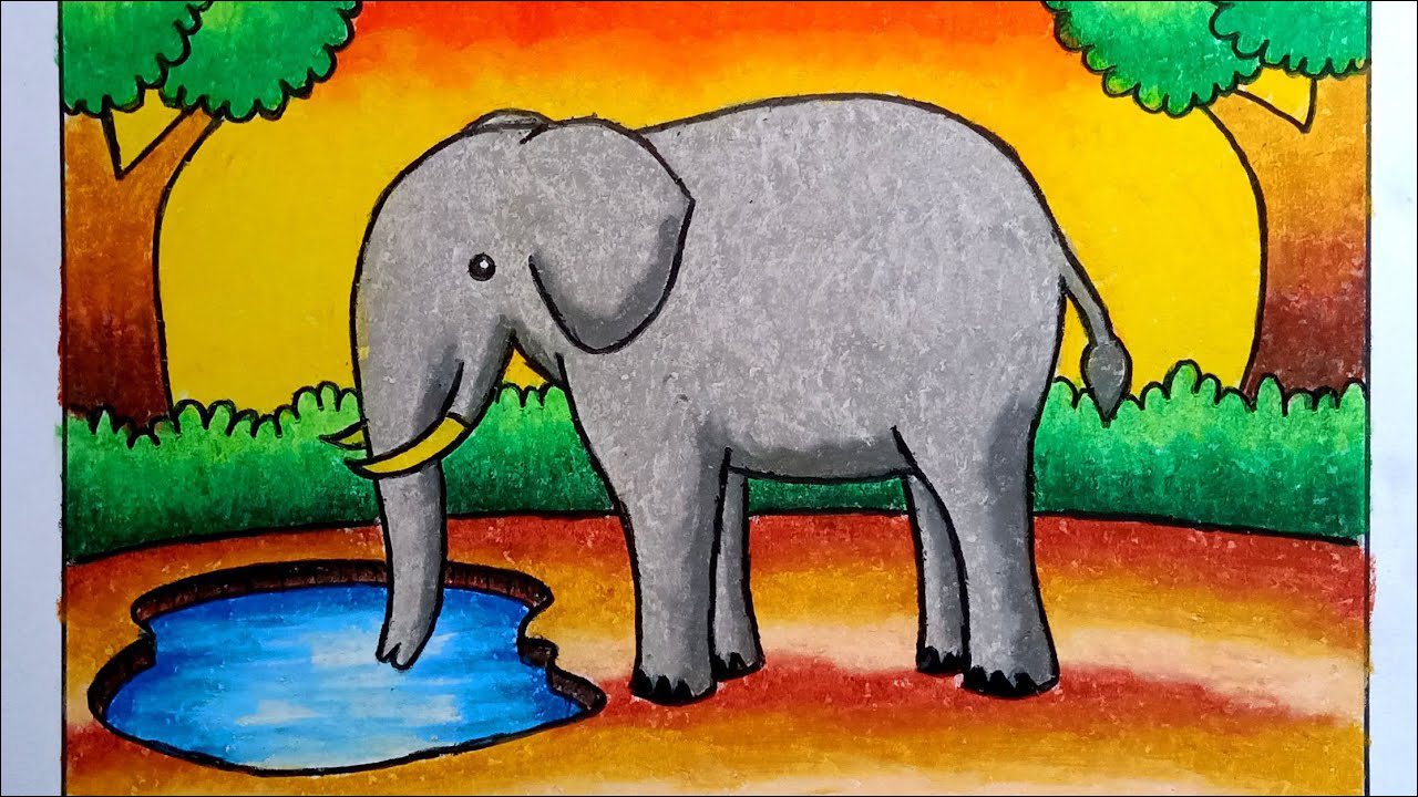 19 Menggambar seekor gajah belalai panjang di tengah hutan, mudah