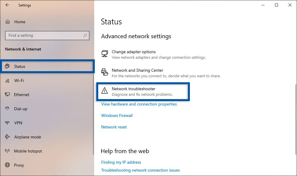 Settings Network Troubleshooter