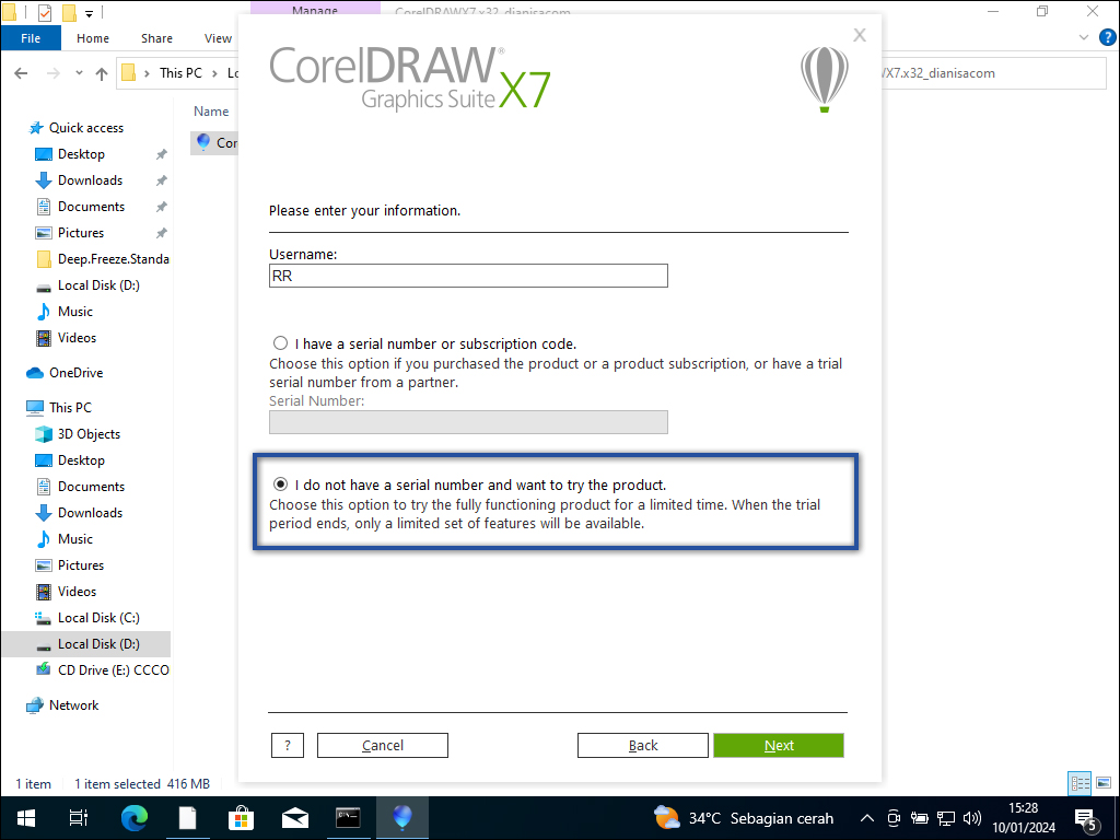 07. Inputan serial number pada instalasi CorelDraw X7