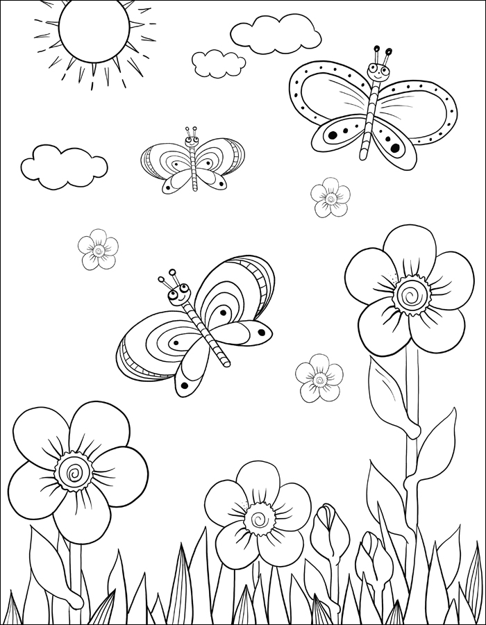 Gambar 18. Gambar mewarnai bunga dan tiga ekor kupu-kupu di hari yang cerah