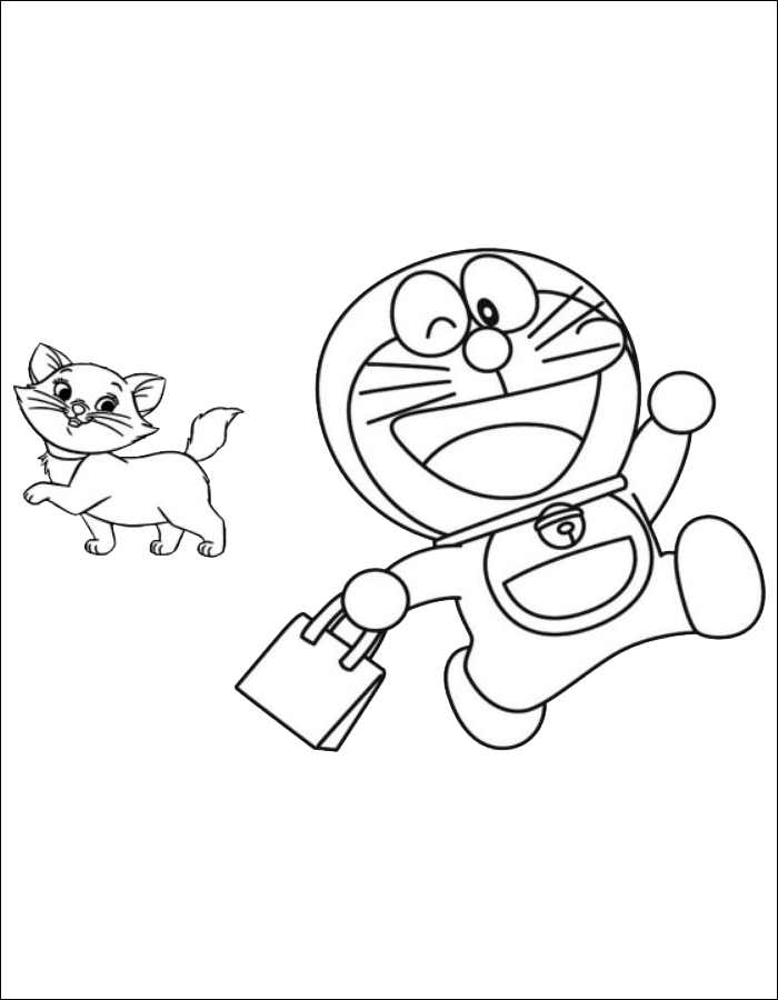 Gambar 20. Doraemon yang menenteng tas sambil melihat ke kucing di belakangnya