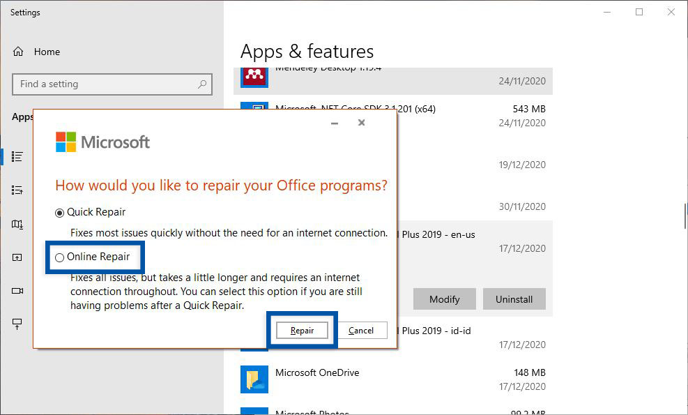Repair Microsoft Office Windows
