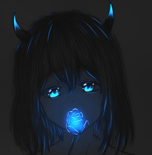 Gambar 15. Anime girl sedih dengan setangkai bunga mawar biru yang menyala