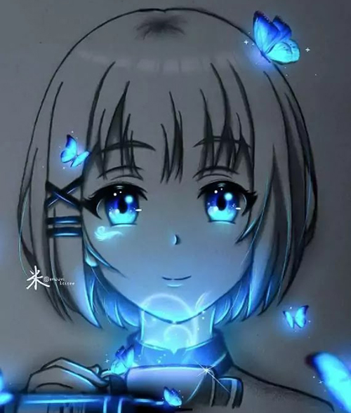 Gambar 16. Anime girl tersenyum dengan kupu-kupu biru menyala