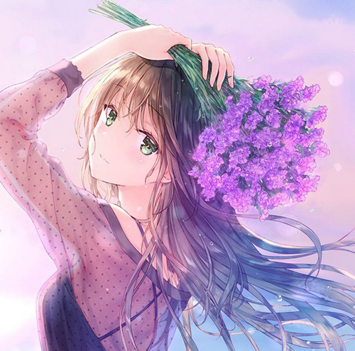 Gambar 20. PP Anime Girl aesthetic membawa bunga ungu cantik