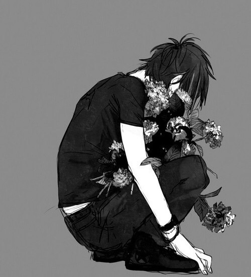 Gambar 29. Sad Boy Anime Keren dengan Bunga di pangkuannya