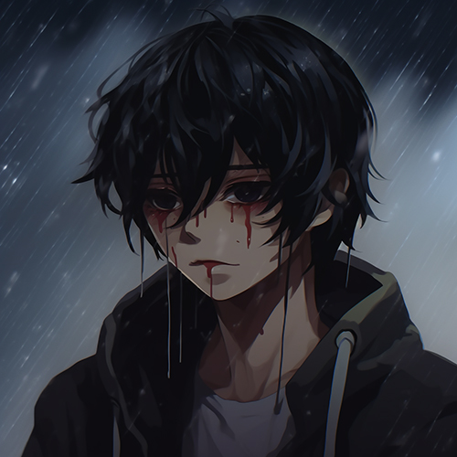 Gambar 44. Anime Sad Boy menangis dan muntah darah di bawah air hujan