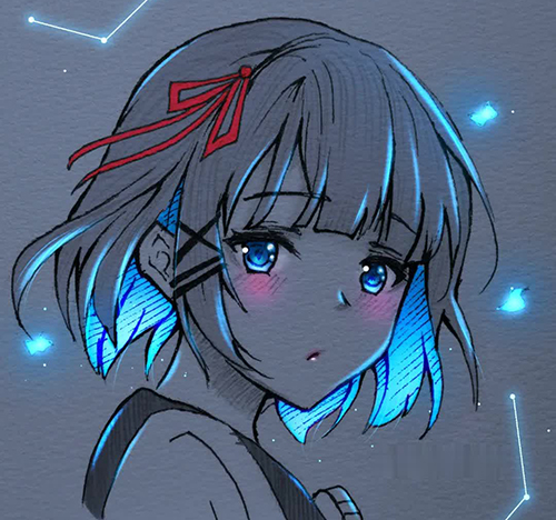 Gambar 58. Anime girl dengan pita merah dan rambut menyala biru