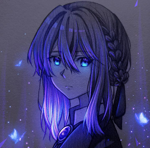 Gambar 60. Anime sad girl dengan rambut dan kupu-kupu biru menyala
