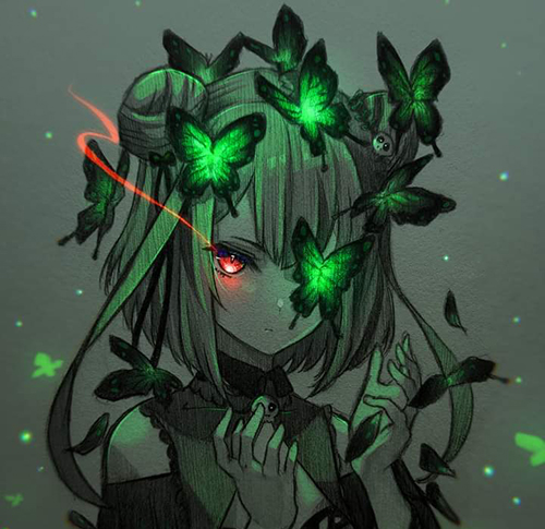 Gambar 66. Anime girl dengan kupu-kupu hijau yang menyala