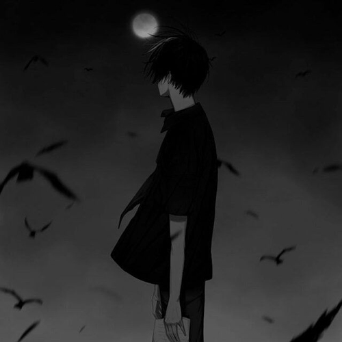 Gambar 71. Anime Sad Boy dengan Bulan dan Burung berterbangan
